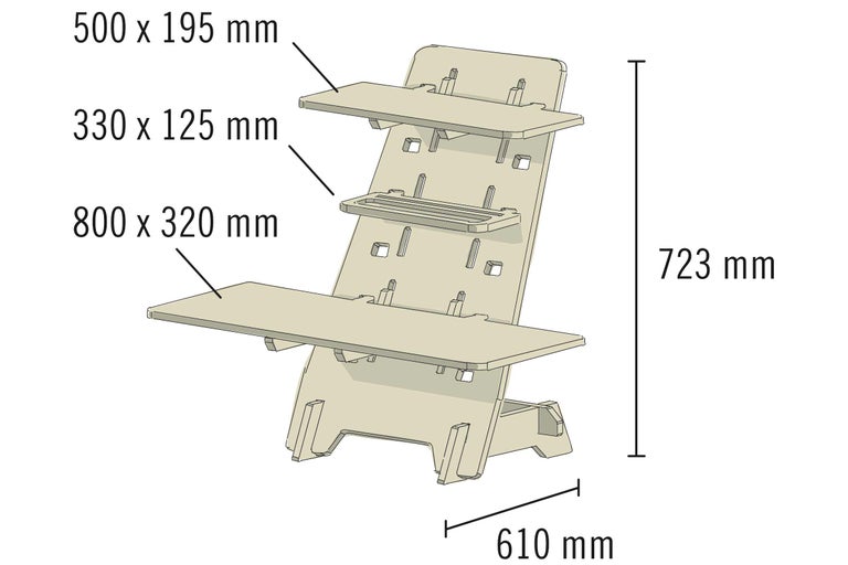 Skizze eines Stehpults mit den Maßen 800 x 320 mm, 500 x 195 mm, 330 x 125 mm, 723 mm und 610 mm