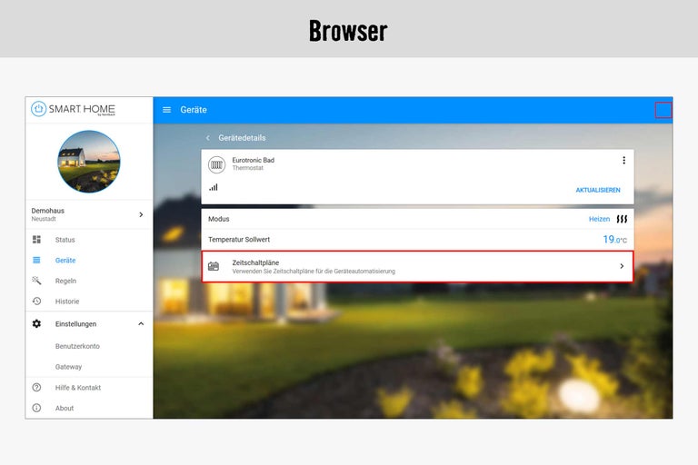 Smart Home App mit Gerätedetails und Zeitplänen im Browser
