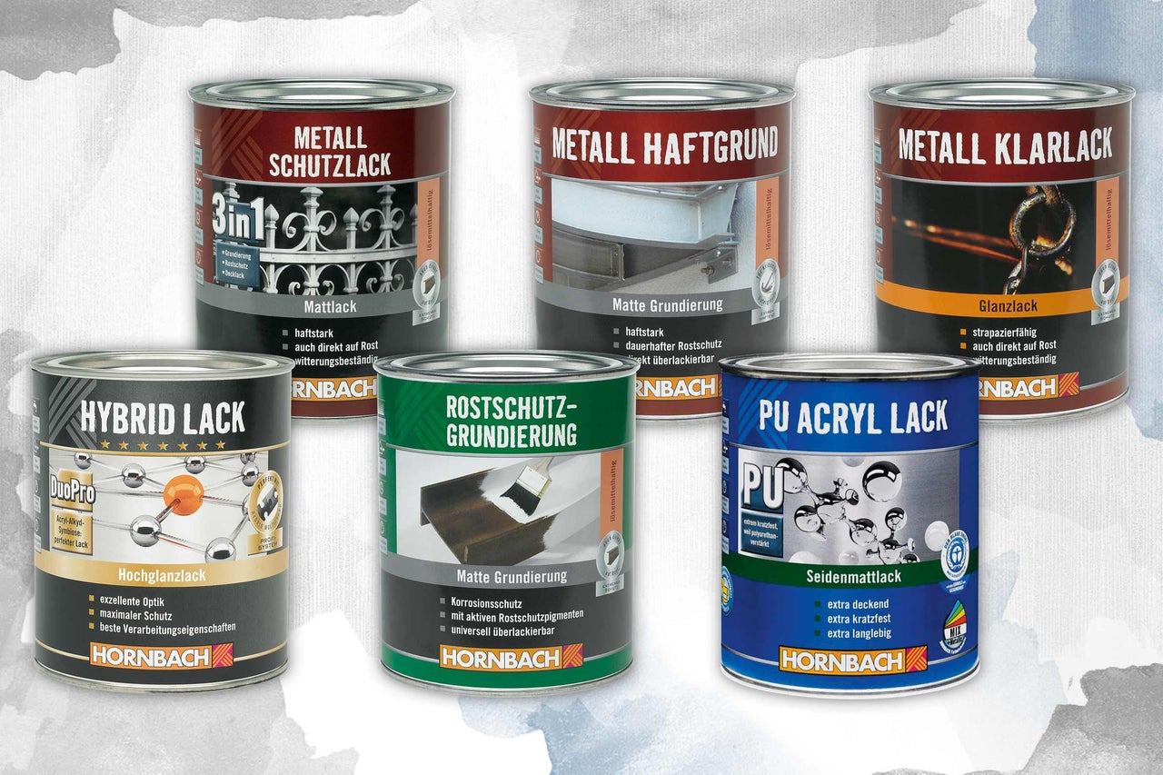 Eine Auswahl an Farbdosen von Hornbach, darunter Metallschutzlack, Metall Haftgrund, Metall Klarlack, Hybrid Lack, Rostschutzgrundierung und PU Acryl Lack.