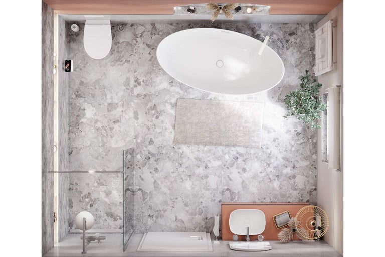 Draufsicht eines Badezimmers mit Toilette, Badewanne, Dusche und Waschtisch.