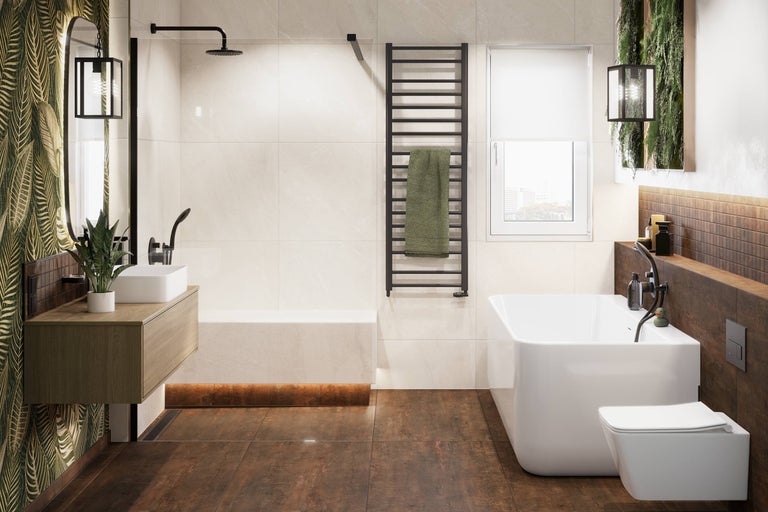 Modernes Badezimmer mit Badewanne, Waschtisch und Handtuchwärmer