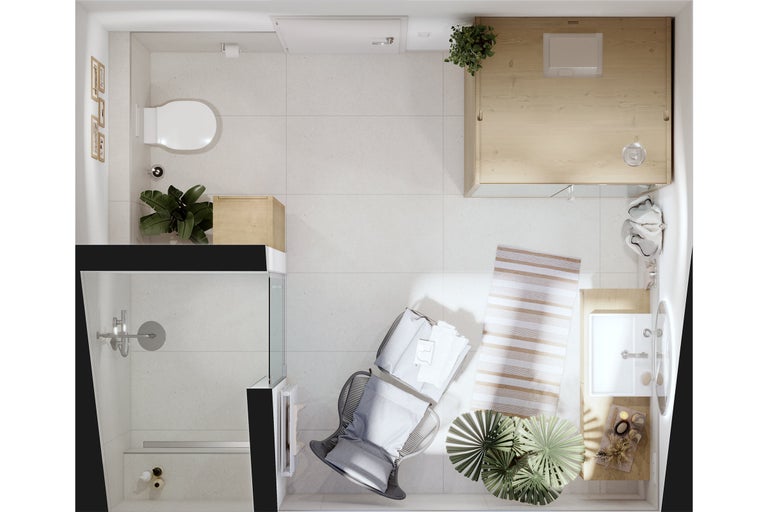 Draufsicht eines hellen Badezimmers mit Dusche, Toilette, Waschbecken, Stuhl, Teppich und Pflanzen