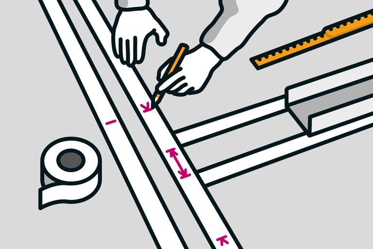 Illustration einer Person, die mit einem Stift eine Linie auf einem Profil zeichnet, daneben ein Rollbandmaß und Klebeband
