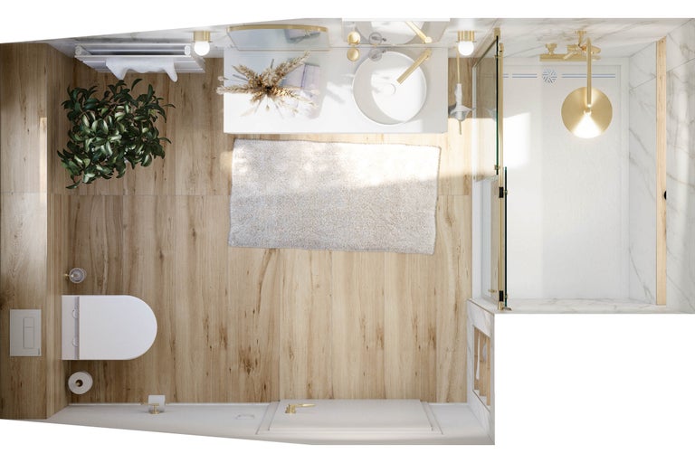 Vogelperspektive eines Badezimmers mit Toilette, Waschbecken, Dusche und Badteppich auf Holzboden