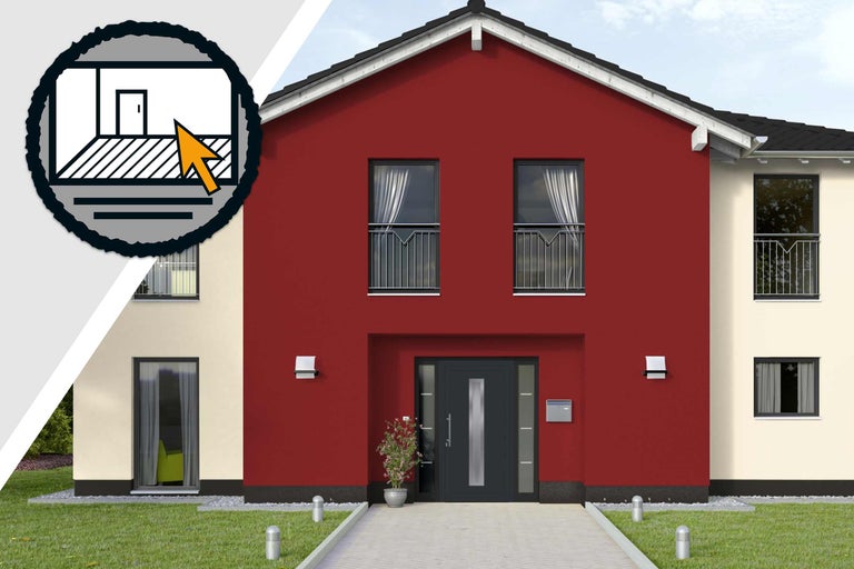 Hausfassade mit Haustür, Fenstern und Symbol für interaktive Hausgestaltung