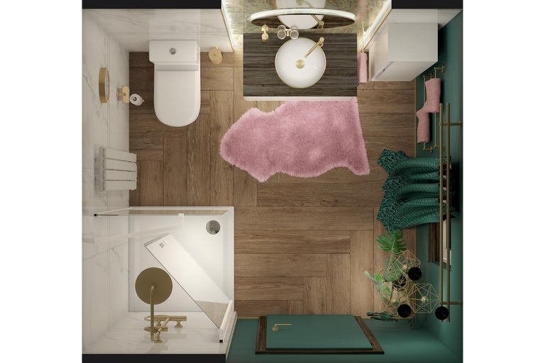 Ansicht von oben eines Badezimmers mit Dusche, Toilette, Waschtisch und Accessoires