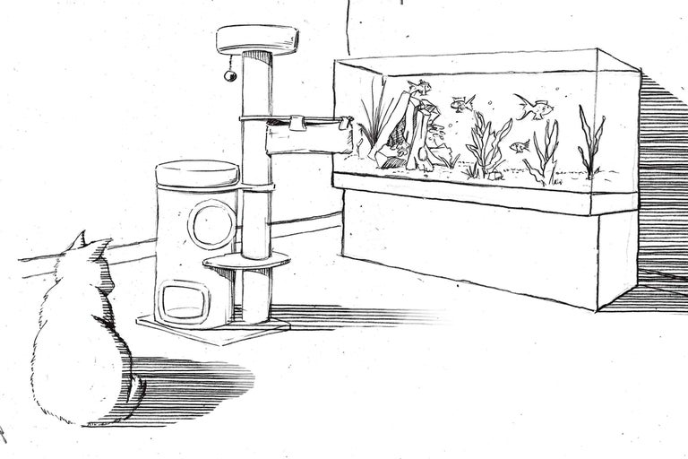 Skizze einer Katze vor einem Kratzbaum und einem Aquarium.