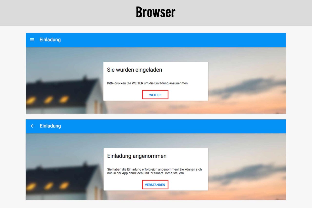 Browseransicht einer Einladung zum Smart Home System
