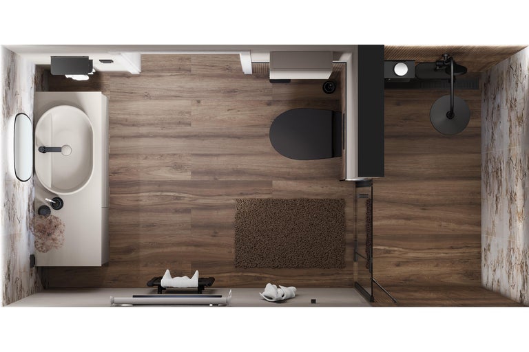 Übersicht eines Badezimmers mit Waschbecken, Toilette, Dusche und Badematte