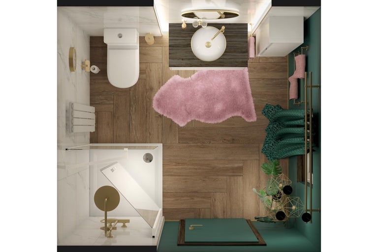 Vogelperspektive eines Badezimmers mit Toilette, Waschtisch, Dusche und Accessoires