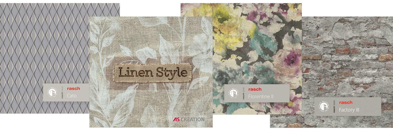 Kollektion verschiedener Tapetenmuster: geometrisch, floral, Leinenstruktur und Ziegeloptik.