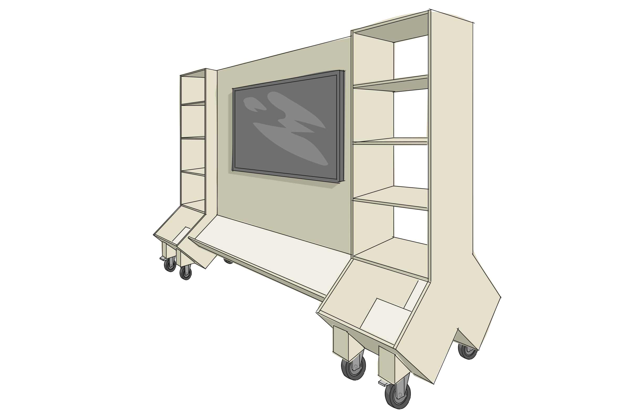 Mobiles Wandregal mit Fernseher und offenen Regalen