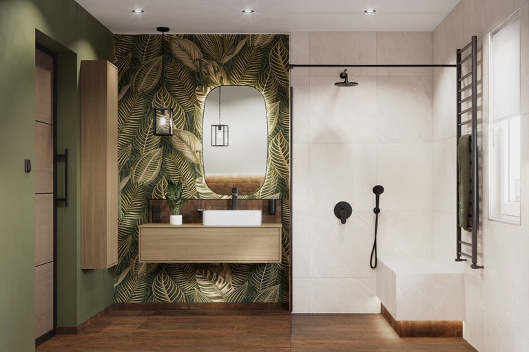 Modernes Badezimmer mit Dusche, Waschtisch und Blattmuster-Tapete