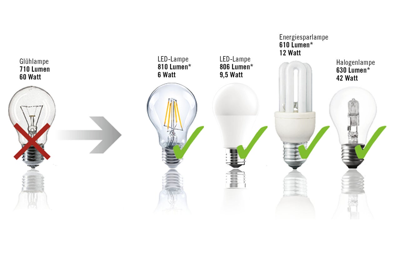 Vergleich verschiedener Lampentypen: Glühlampe mit rotem Kreuz, LED Lampe, Energiesparlampe und Halogenlampe mit grünem Haken
