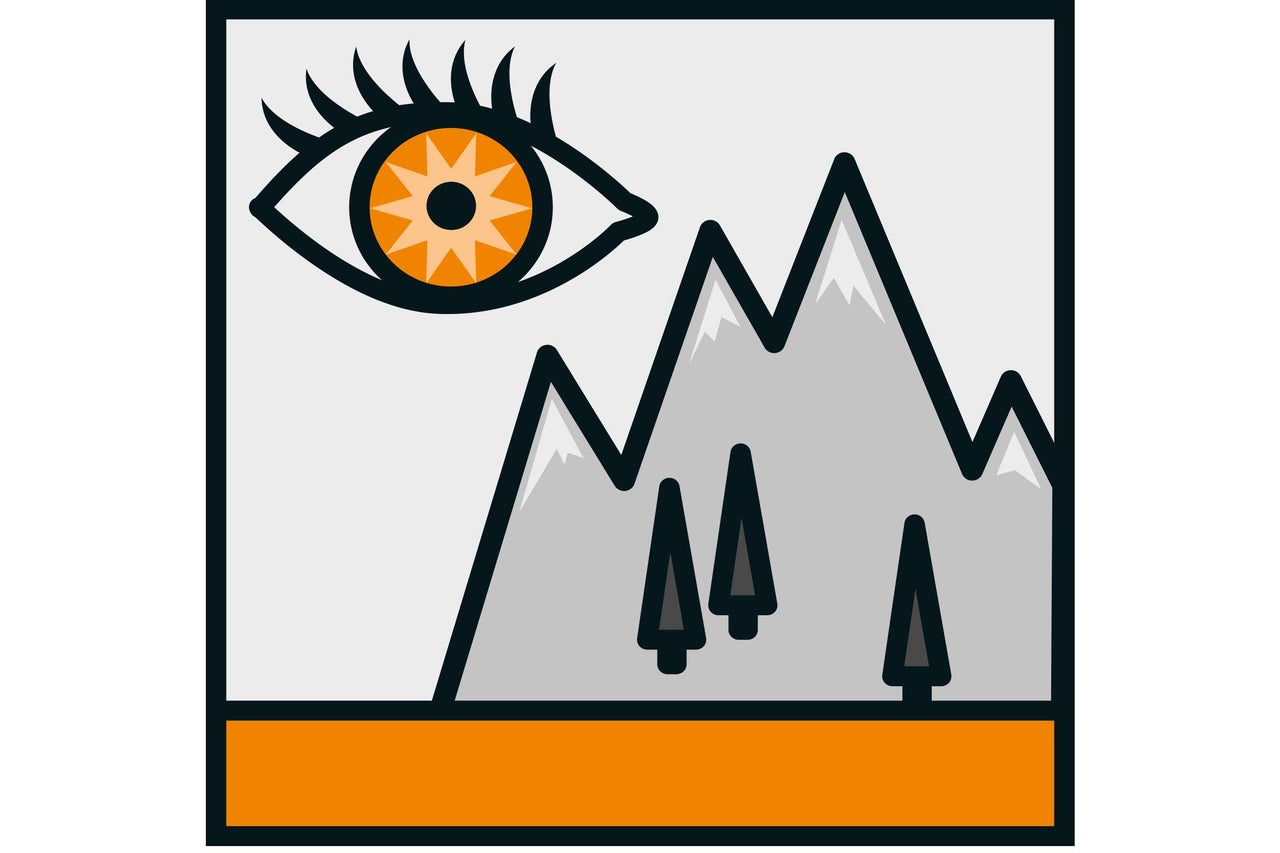 Symbol mit Auge, Bergen und Bäumen