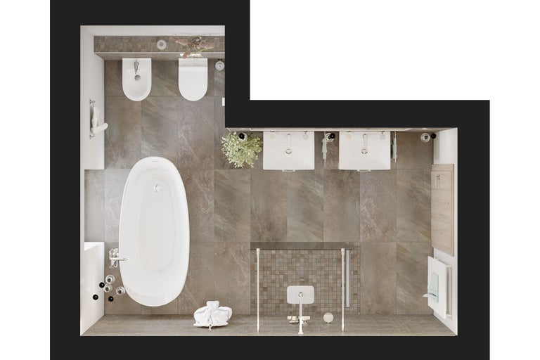 Draufsicht eines Badezimmers mit Badewanne, Dusche, Toilette, Bidet und Waschtischen