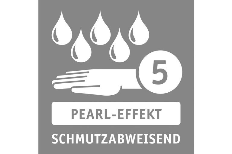 Symbol für Produkteigenschaften: wasserabweisend, mit Perleffekt und Schutz für circa 5 Jahre
