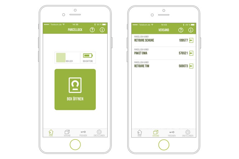 Zwei Smartphones mit der Paketbox Applikation