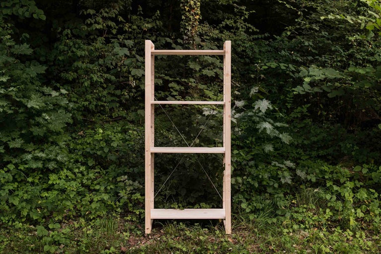 Holzregal mit drei Ablagen vor grünem Hintergrund