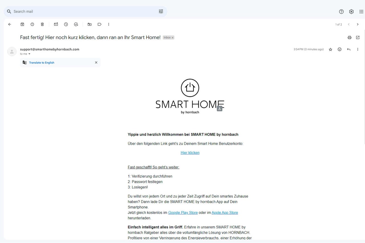 E-Mail von Smart Home by Hornbach mit Aktivierungslink