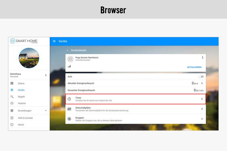 Smart Home App mit Timerfunktion auf einem Browser