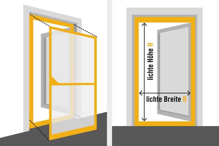Illustration zur Ermittlung der lichten Breite und Höhe für Insektenschutzgitter
