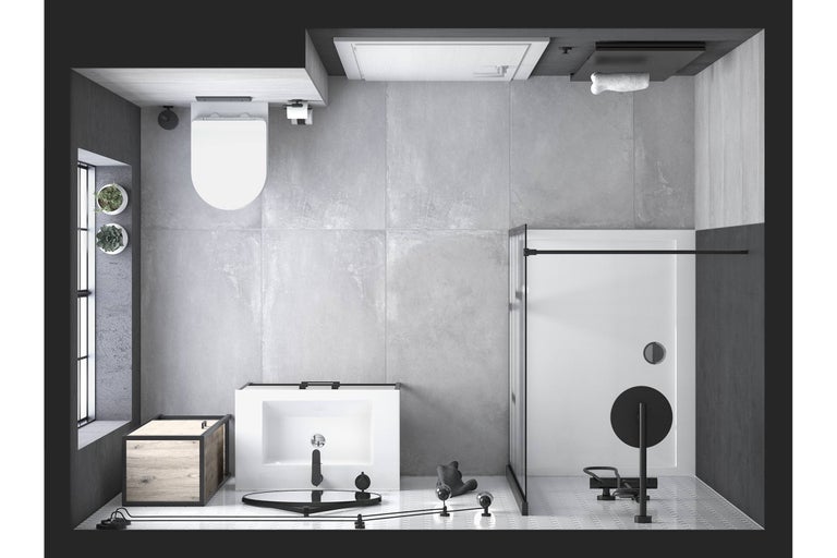 Detaillierte Ansicht eines Badezimmers mit Toilette, Waschbecken, Dusche und Dekorationen.