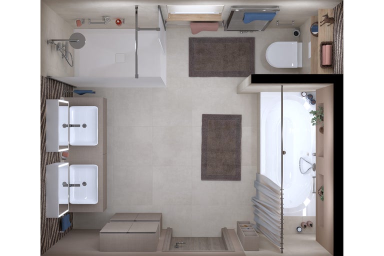 Draufsicht eines Badezimmers mit Dusche, Badewanne, Waschbecken und Toilette.
