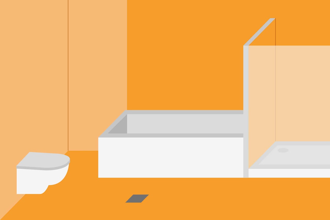 Illustration eines Badezimmers mit Toilette, Badewanne und Duschkabine