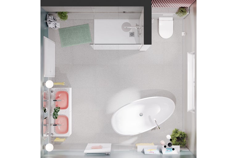 Vogelperspektive eines Badezimmers mit Dusche, Toilette, Waschtisch und Badewanne