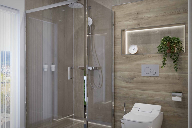 Helles Badezimmer mit Duschkabine, Toilette und Holzverkleidung