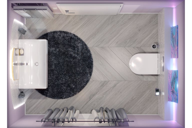 Ansicht von oben eines Badezimmers mit Waschbecken, Toilette, Teppich und Handtuchwärmer