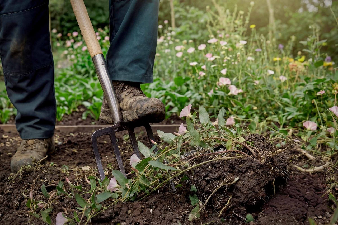 Person arbeitet mit einer Grabgabel im Garten