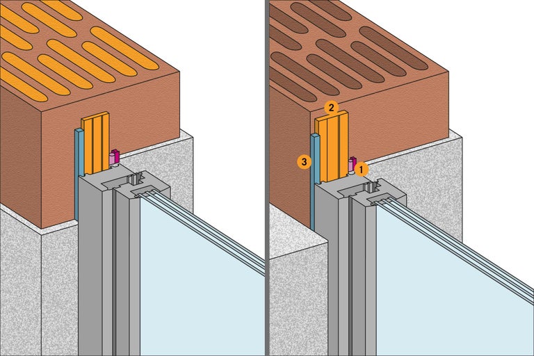 Detailansicht eines Fensteranschlusses mit Dichtbändern und Mauerwerk