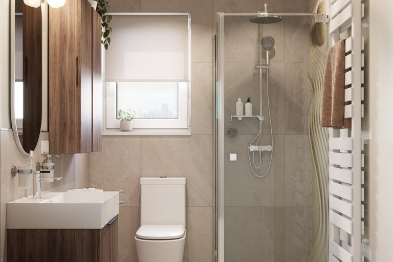 Helles Badezimmer mit Dusche, Waschbecken, Spiegelschrank und Toilette