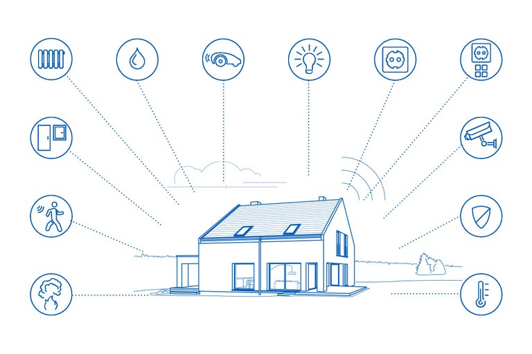 Illustration eines Smart Homes mit verschiedenen Hausautomationssystemen