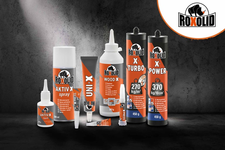 Verschiedene Roxolid Klebstoffe und Sprays für Holz und Montage