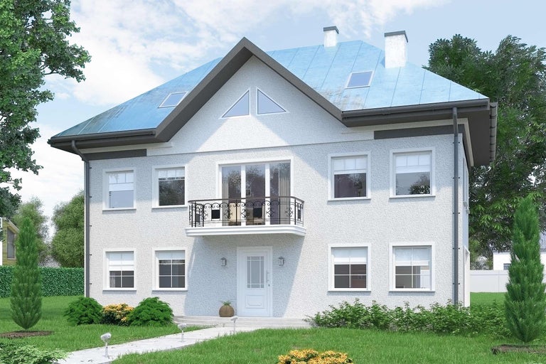Ansicht eines zweistöckigen Hauses mit Balkon und Dachfenstern
