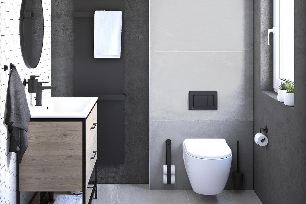 Modernes Badezimmer mit Waschtisch, Toilette und Accessoires