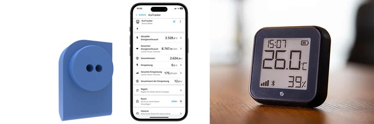 Nahaufnahme eines intelligenten Energiezählers, einer Smartphone-App mit Energieverbrauchsdaten und eines digitalen Thermometers.