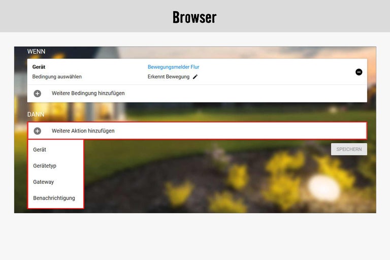 Browseransicht zur Konfiguration von Automatisierungsregeln mit Bewegungsmelder