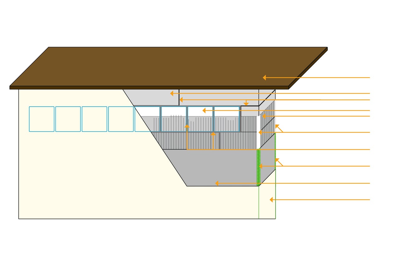 Illustration eines Hauses mit Überdachung und Balkon