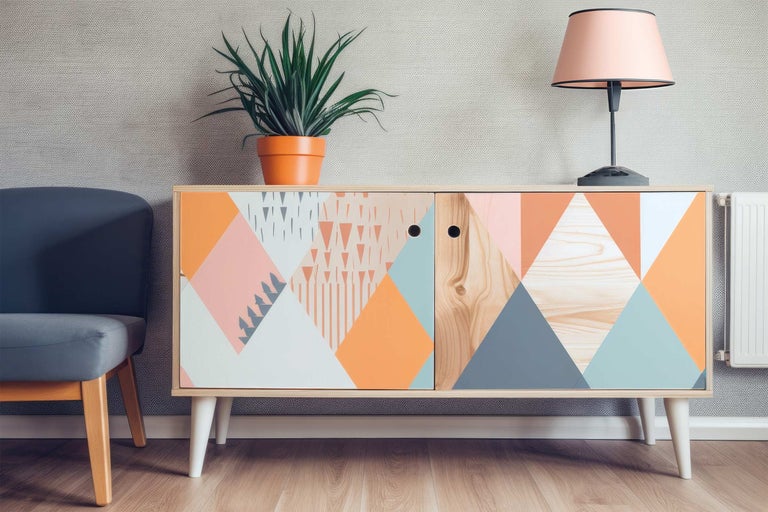 Kommode mit geometrischem Muster, Zimmerpflanze und Lampe auf Holzboden