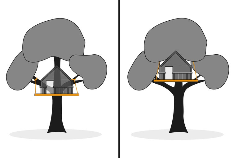 Illustration eines Baumhauses mit Plattform und Seilaufhängung