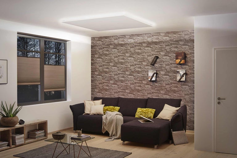 Modernes Wohnzimmer mit Deckenleuchte, Sofa und Fenster