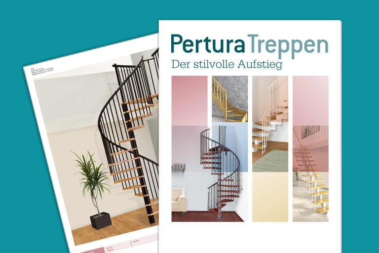 Titelseite des Pertura Treppen Katalogs mit Abbildungen von verschiedenen Treppenmodellen.
