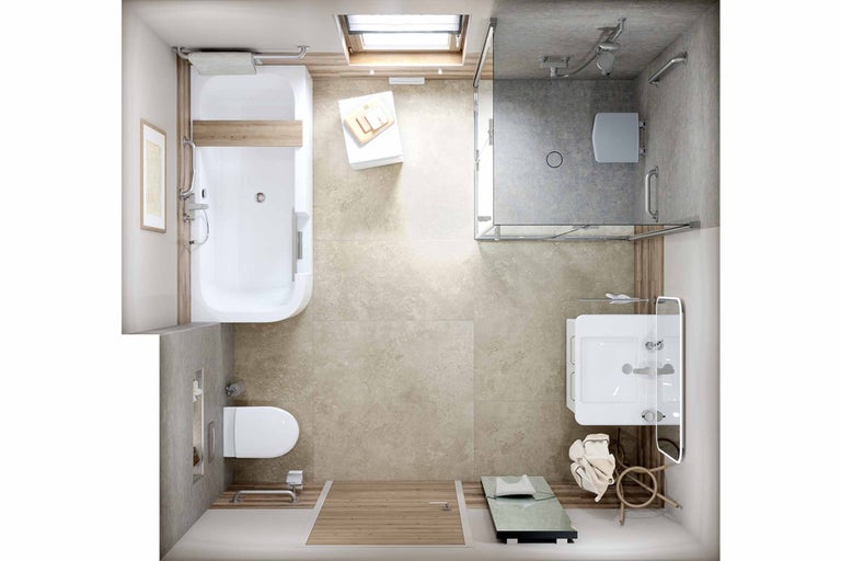 Draufsicht eines Badezimmers mit Badewanne, Dusche, Waschbecken und Toilette.