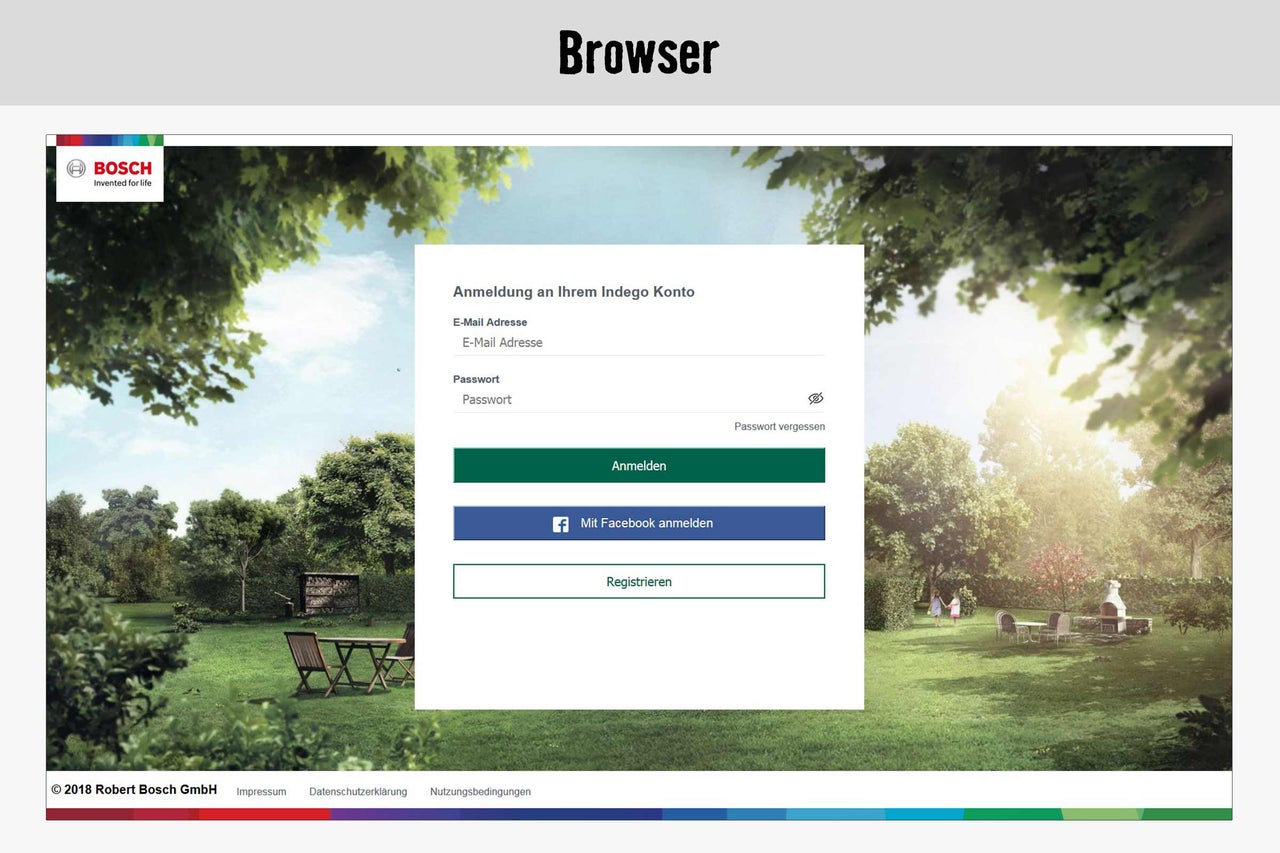 Bosch Indego Konto Anmeldeseite in einem Webbrowser