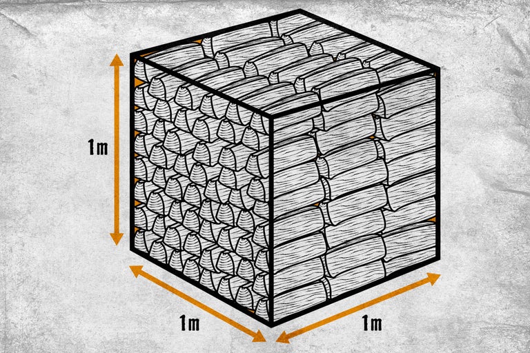 Illustration eines Kubikmeters Brennholz