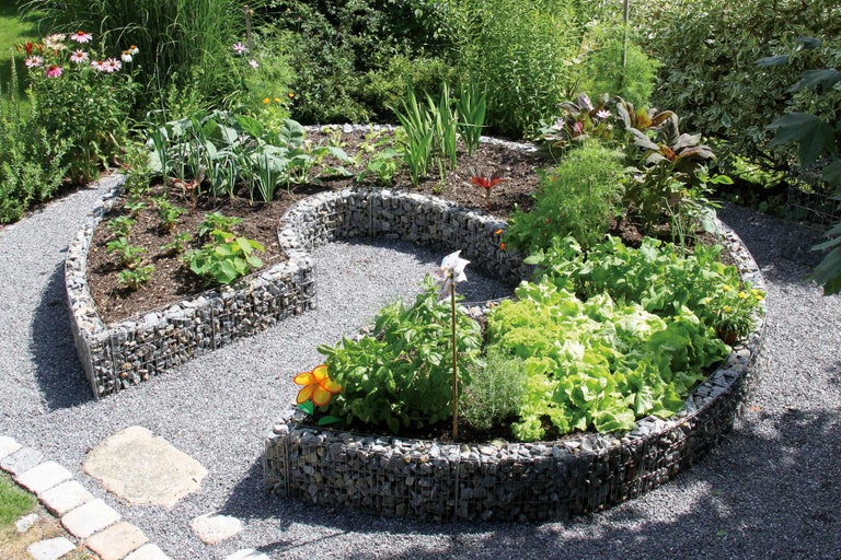 Hochbeet aus Gabionen mit verschiedenen Gemüsesorten und Pflanzen im Garten